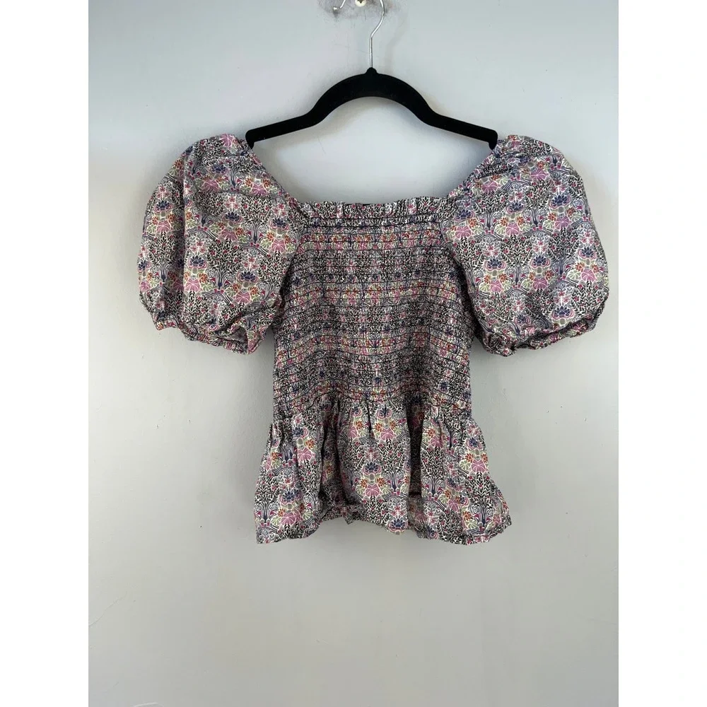 J. Crew Liberty of London Floral Smocked Peplum Squareneck Puff Sleeve Top SZS